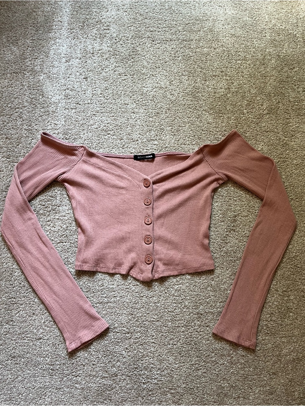 Fashion Nova Mauve Pink Ribbed Off-Shoulder Button Crop Top